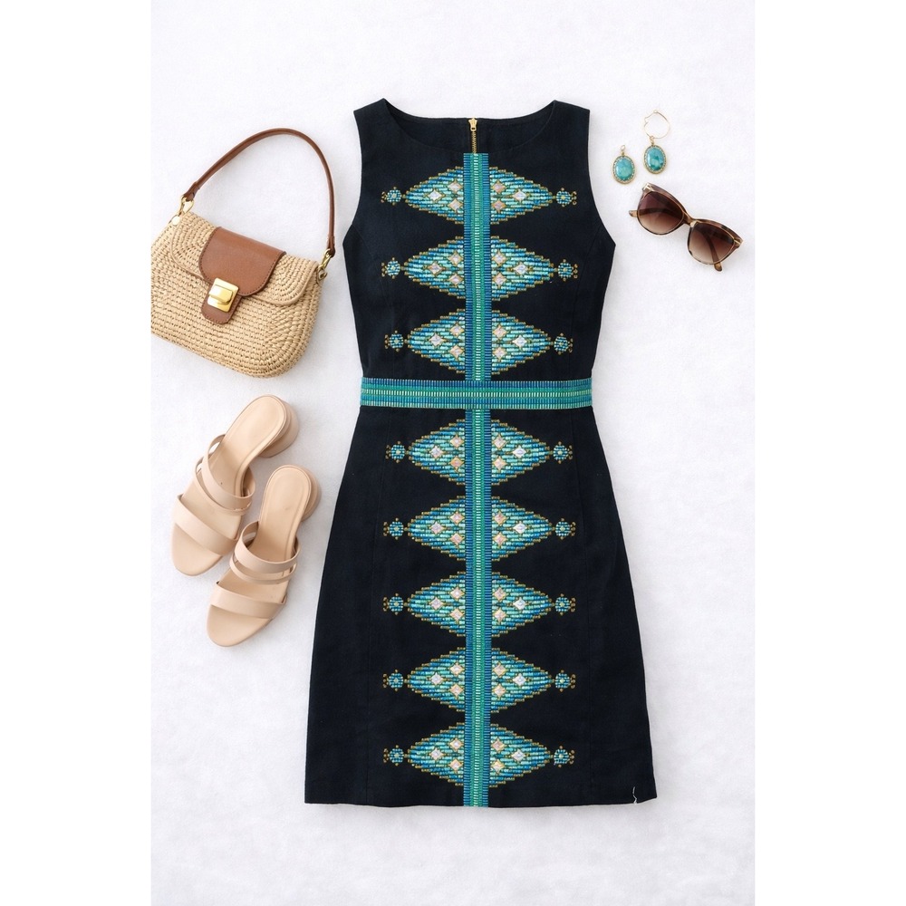 Beth‎ Bowley Black Beaded Geometric Sheath Dress Sleeveless Size 4 Flawed